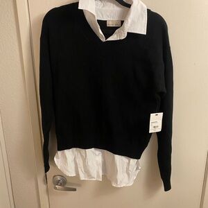 Black V-Neck Sweater with White Collar